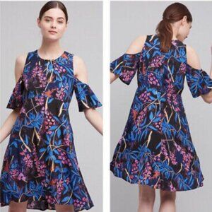 Anthropologie Maeve Elia Cold Shoulder Dress Black Pink Blue Midi A-line Sz 6